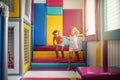 Two little girls in playground. Caucasian girls playing together