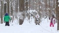 Two little girls playing with a little boy in the snow in winter forest. Throwing snowballs Royalty Free Stock Photo