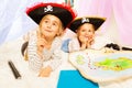 Two little girls playing pirates at imagine ship Royalty Free Stock Photo