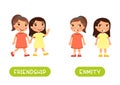 Two little girls quarrel and friends illustration with typography. Opposites concept