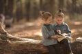 Two little girls reading books in the woods Royalty Free Stock Photo