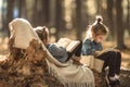 Two little girls reading books in the woods Royalty Free Stock Photo