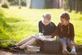 Two little girls ready back to school. Royalty Free Stock Photo