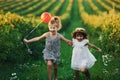 Two little girls with red balloon running together on the field at summer daytime Royalty Free Stock Photo