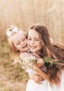 Two little girls sisters hug and collect flowers in the summer Royalty Free Stock Photo