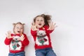 Two little girls-sisters in red sweaters-koala and blue jeans, on a white background.