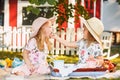 Two little girls sitting on green grass Royalty Free Stock Photo