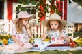 Two little girls sitting on green grass Royalty Free Stock Photo