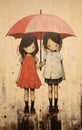 Two Little Girls Walking Under A Red Umbrella