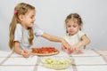 Two little girls at the table spread on tomato pizza Royalty Free Stock Photo