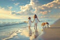 Two little girls are walking along the seashore with a dog. Royalty Free Stock Photo