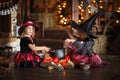 Two little Halloween witches reading conjure above pot childh