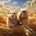 Two little hamsters in a wheat field