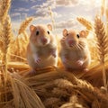 Two little hamsters in a wheat field