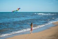 Two little happy cheerful girl run with a kite Royalty Free Stock Photo