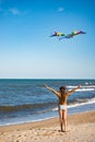 Two little happy cheerful girl run with a kite Royalty Free Stock Photo