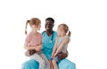 two little happy girls are sitting on the lap of their family doctor and having fun chatting. an African-American male Royalty Free Stock Photo