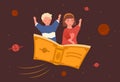 Two little happy kids are flying on the book on brown background