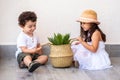 Two young children playing together holding a plant in a trendy straw basket. Royalty Free Stock Photo