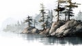 Cliff Sketch: Pine Trees Along Water In A Digital Painting Forest