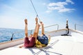 Two little kid boys, best friends enjoying sailing boat trip. Family vacations on ocean or sea on sunny day. Children Royalty Free Stock Photo