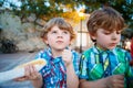 Two little kid boys eating hot dogs outdoors Royalty Free Stock Photo