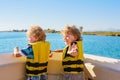 Two little kid boys enjoying sailing boat trip Royalty Free Stock Photo