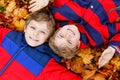 Two little kid boys lying in autumn leaves in colorful fashion fall clothing.