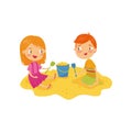 Two little kids, boy and girl playing in sandbox. Children s daily activity. Cartoon characters of brother and sister Royalty Free Stock Photo