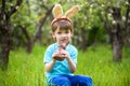 Two little kids boys and friends in Easter bunny ears during traditional egg hunt in spring garden, outdoors. Siblings having fun Royalty Free Stock Photo