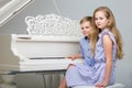 Two little kids girl and boy playing piano in living room or mus Royalty Free Stock Photo