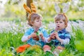 Two little kids playing with Easter chocolate bunny Royalty Free Stock Photo