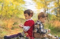 Two little kids playing he loves me or not in the park Royalty Free Stock Photo