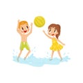 Two little kids playing in water with inflatable ball. Children in swimwear. Summer recreation at sea. Flat vector Royalty Free Stock Photo