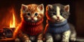 Two Little Kittens In Christmas Dog Sweaters In Front Of Fire Place Generative AI