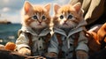 Two little kittens in a warm jacket on the background of the sea