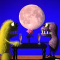 two little monsters , dining in a moonlit restaurant on valentines, a single rose on the table