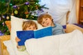 Two little sibling boys reading book on Christmas Royalty Free Stock Photo