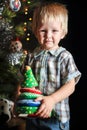 Two little sibling kid boys holding christmas tree. Happy children decorate xmas tree in yours house. Family, tradition, celebrati