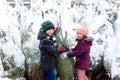 Two little siblings kid boy and girl holding christmas tree. Happy children in winter clothes choosing and buying xmas Royalty Free Stock Photo