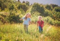 Two little sisters running and laughing in the summer high green grass meadow with a bright sunset light background. Careless Royalty Free Stock Photo