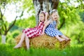 Two little sisters sitting on a haystack in apple tree garden Royalty Free Stock Photo