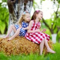 Two little sisters sitting on a haystack in apple tree garden Royalty Free Stock Photo