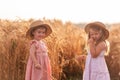 Two little sisters in straw hats and pink dresses are running around in a wheat field, having fun Royalty Free Stock Photo