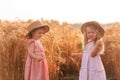 Two little sisters in straw hats and pink dresses are running around in a wheat field, having fun Royalty Free Stock Photo