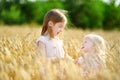 Two little sisters in wheat field on summer day Royalty Free Stock Photo