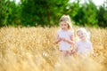 Two little sisters in wheat field on summer day Royalty Free Stock Photo