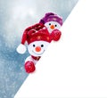 Two little snowmen the girl and the boy in caps and scarfs on snow in the winter. Background with a funny snowman Royalty Free Stock Photo