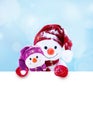 Two little snowmen the girl and the boy in caps and scarfs on snow in the winter. Background with a funny snowman. Christmas card Royalty Free Stock Photo