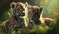 Two little tiger cubs in the forest. 3D illustration.